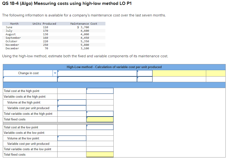 Solved QS 184 (Algo) Measuring costs using highlow method