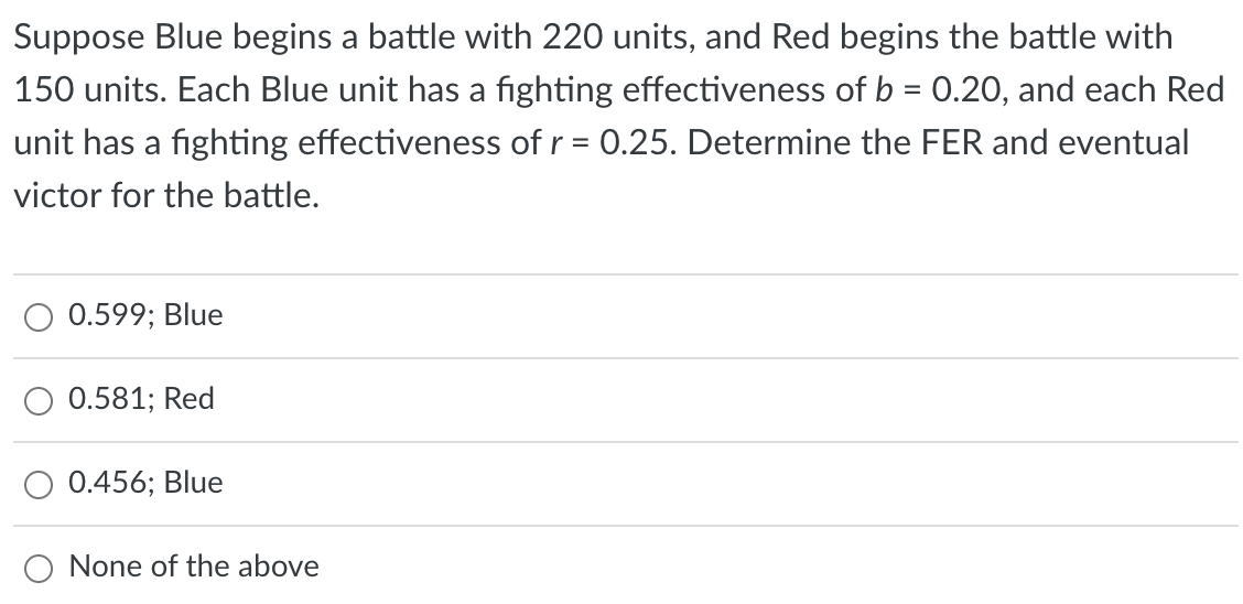 Solved Suppose Blue begins a battle with 220 units, and Red | Chegg.com