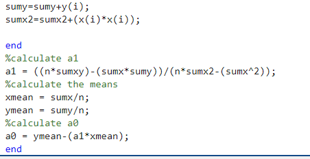 Solved sumy = sumy +y(i); sumx 2= sum x+(x(i)∗x(i)) end % | Chegg.com