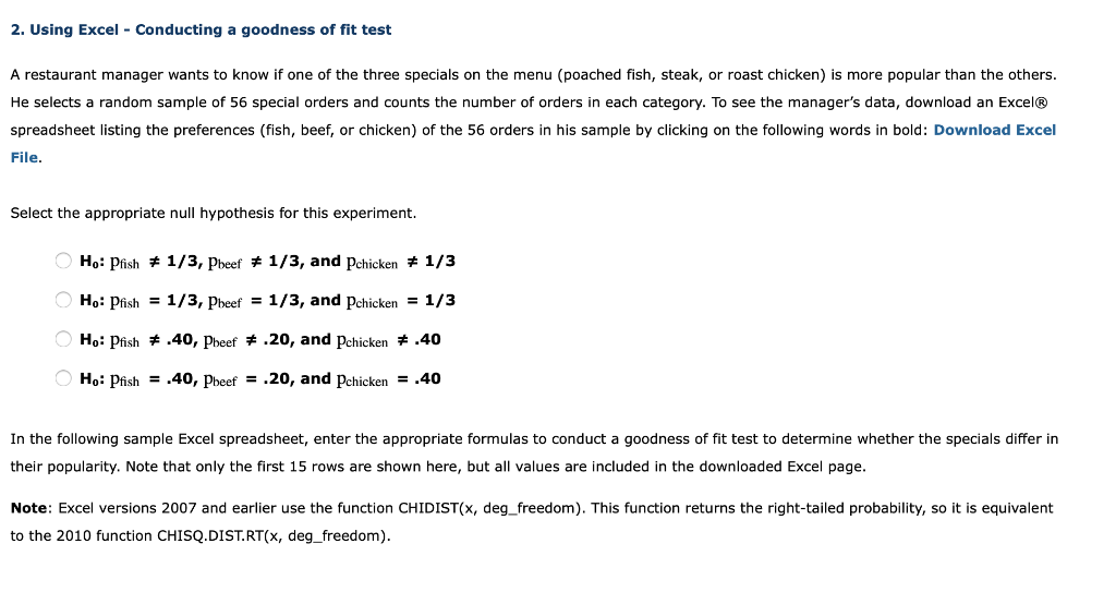 Solved 2. Using Excel - Conducting A Goodness Of Fit Test A | Chegg.com