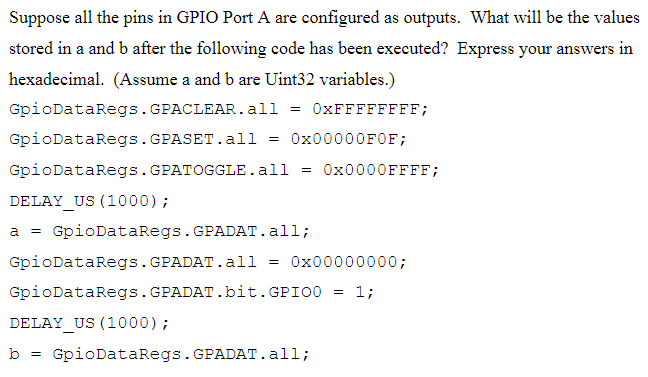 Suppose all the pins in GPIO Port A are configured as | Chegg.com image.