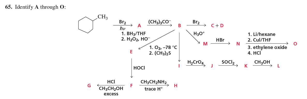 Solved 65. Identify A through 0: CH3 Br2 Br2C+D H30+ | Chegg.com