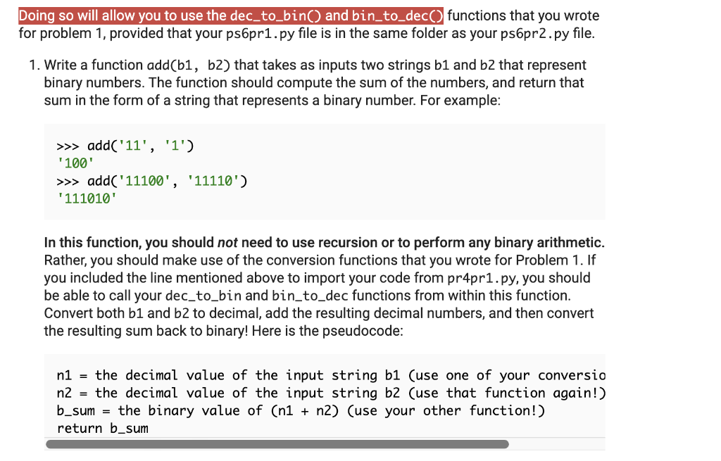 Solved Doing so will allow you to use the dec_to_bin() and | Chegg.com