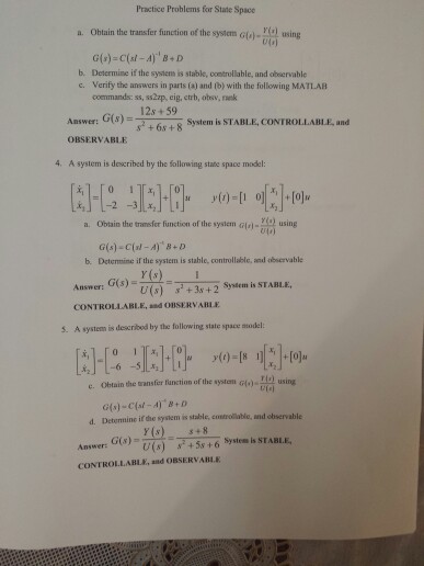 Solved Practice Problems for State Space Obtain the transfer | Chegg.com