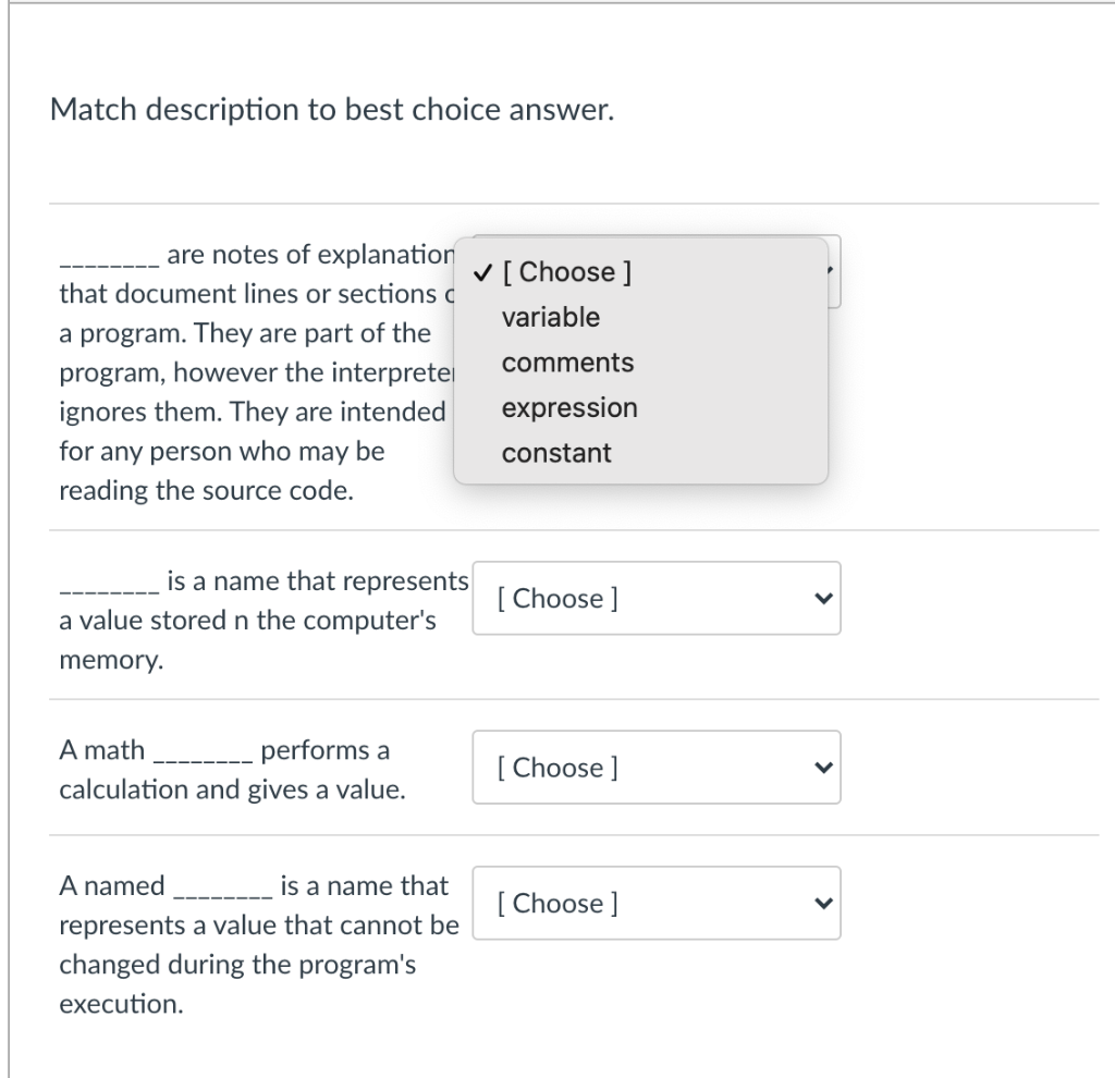 Solved Match description to best choice answer. [Choose ] | Chegg.com