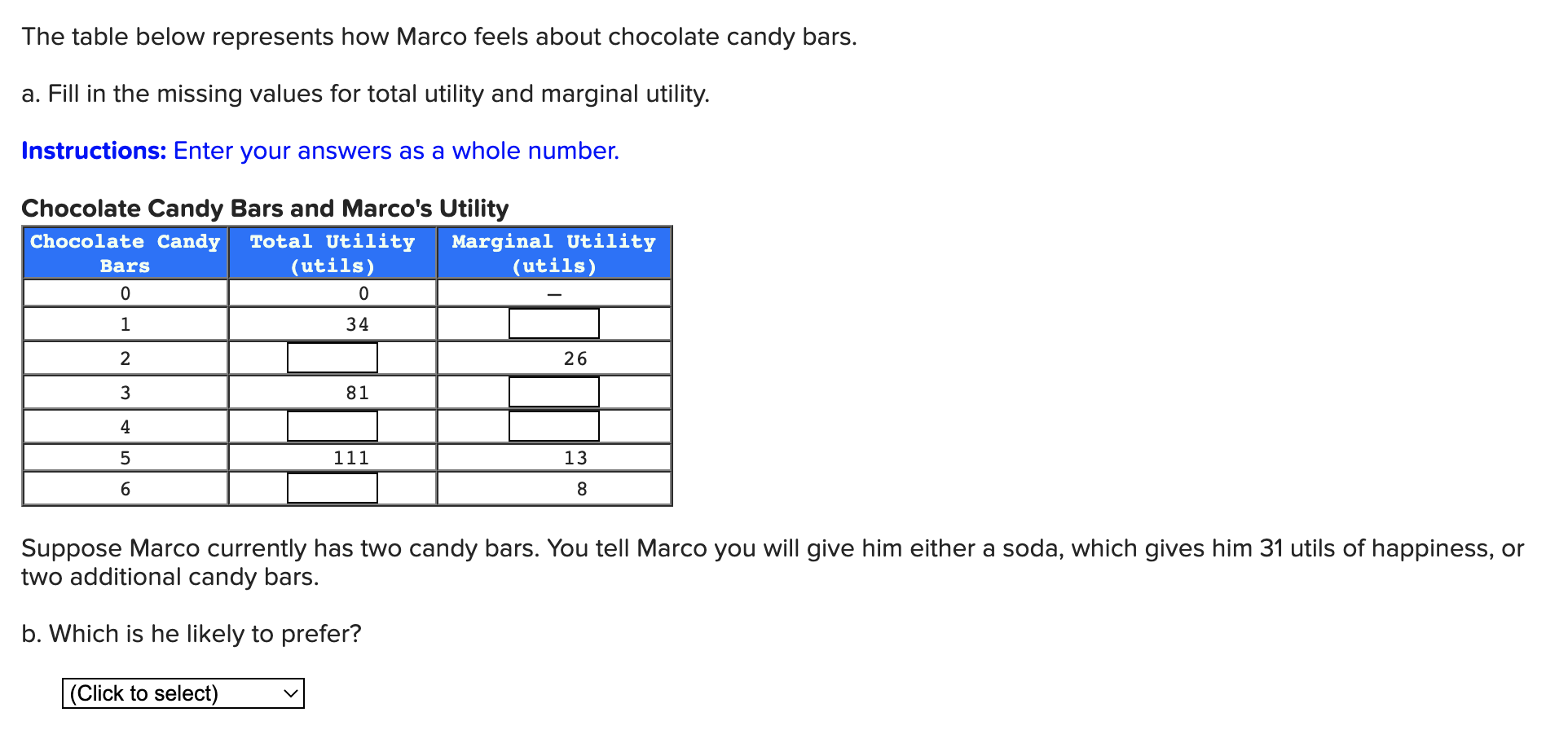 The table below represents how Marco feels about chocolate candy bars.
a. Fill in the missing values for total utility and ma