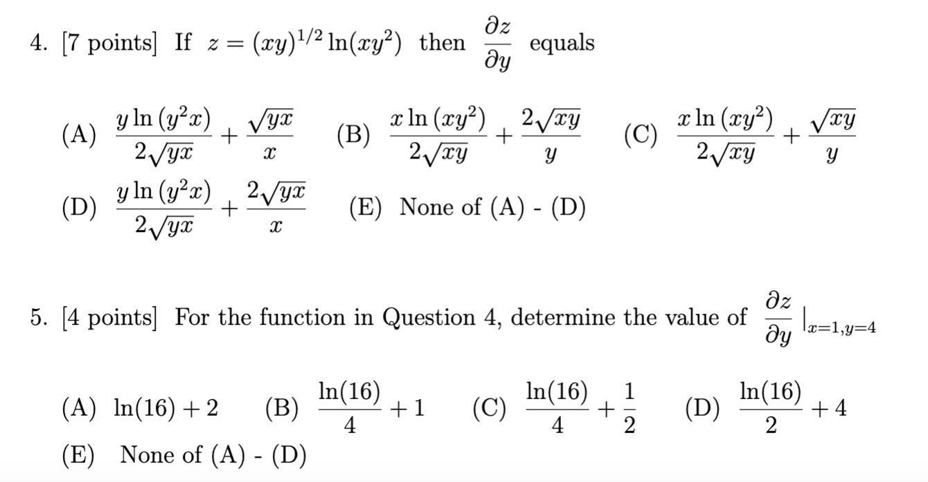Solved 4 7 Points If Z Xy 1 2 Ln Cy Then Dz Du Equa Chegg Com