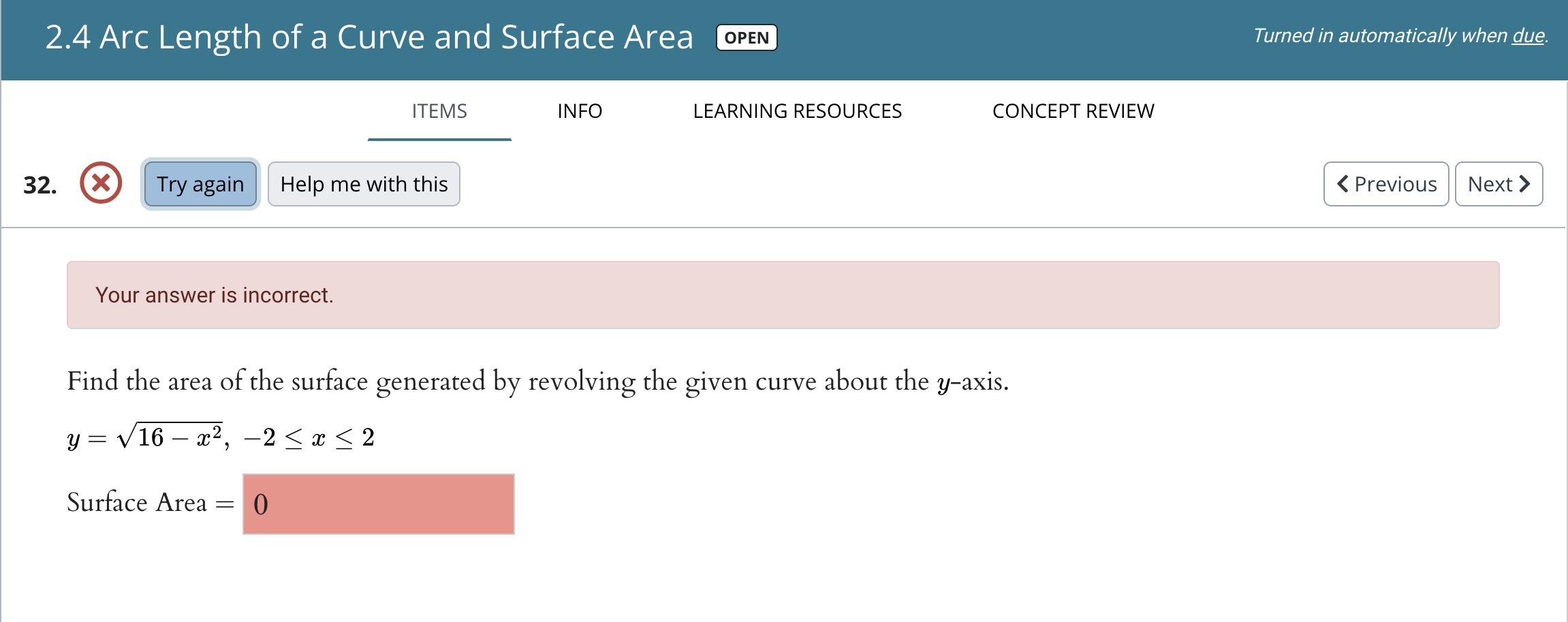 Solved 2.4 Arc Length Of A Curve And Surface Area OPEN | Chegg.com