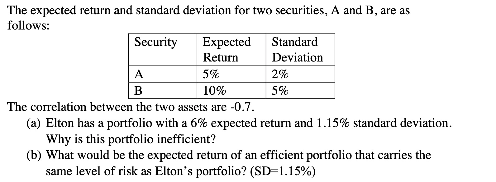 The expected return and standard deviation for two | Chegg.com