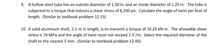 Solved 9 A hollow steel tube has an outside diameter of 1.50 | Chegg.com