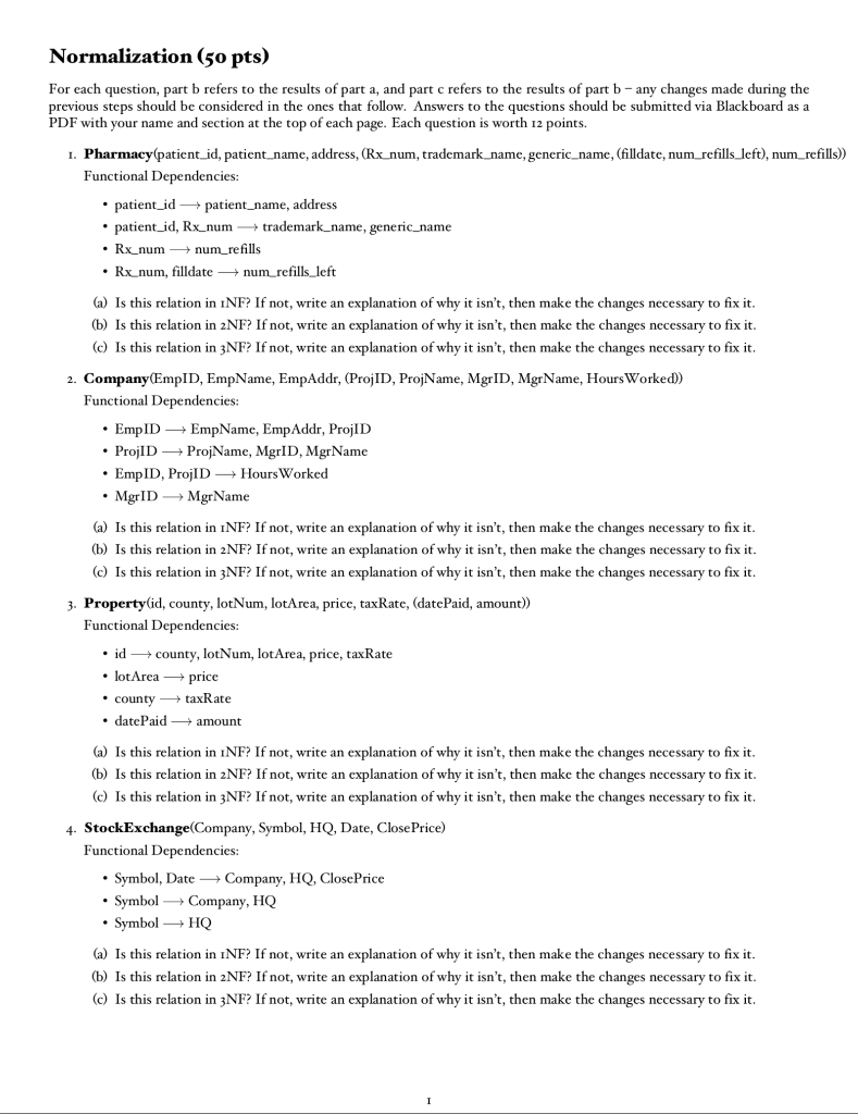 Solved Normalization (50 pts) For each question, part b | Chegg.com