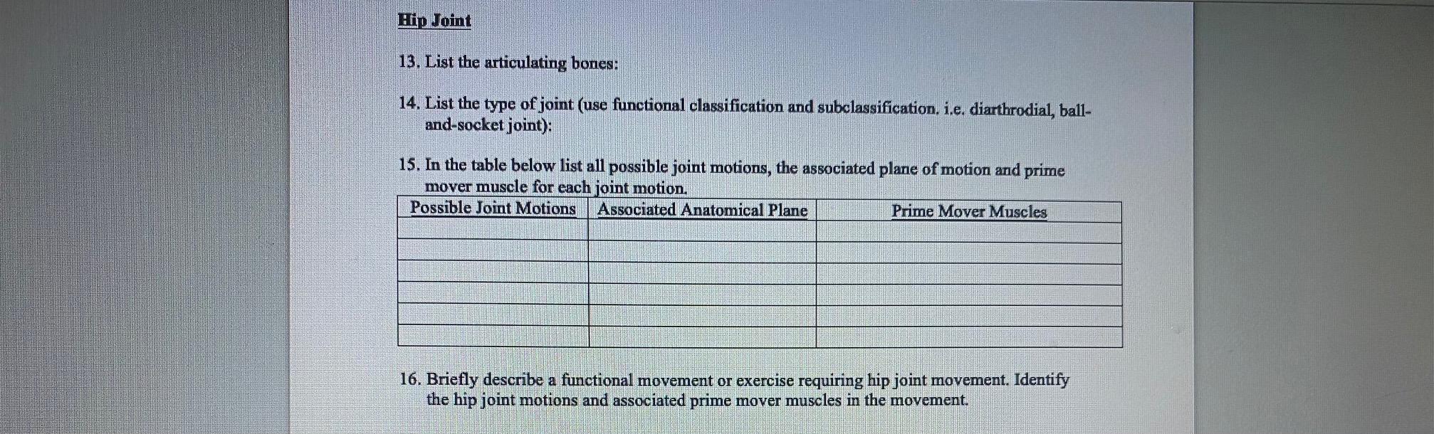 Solved Hip Joint 13. List the articulating bones: 14. List