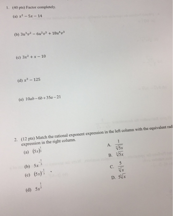 Solved Factor Completely. (a) X^2 - 5x - 14 (b) 3u^3v^2 - | Chegg.com