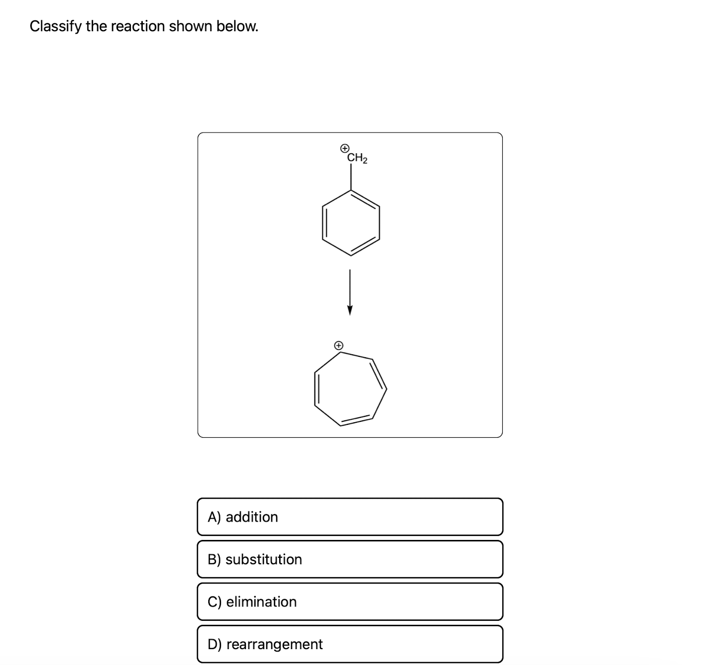 Solved Classify the following reaction as: addition, | Chegg.com image.