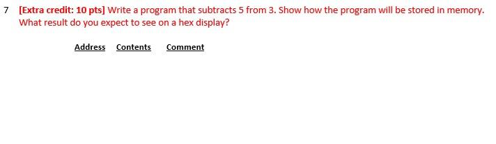 [Extra credit: 10 pts] Write a program that subtracts 5 from 3. Show how the program will be stored in memory. What result do