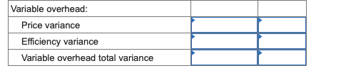 \begin{tabular}{|l|l|l|}
\hline Variable overhead: & & \\
\hline Price variance & & \\
\hline Efficiency variance & & \\
\hli