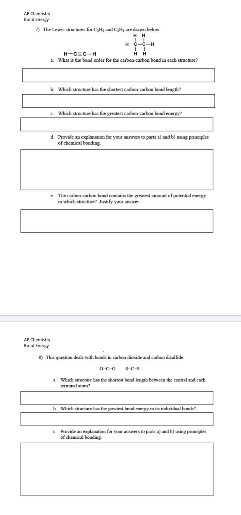 Solved AP Chemistry Bond Energy 7) The Lewis structures for | Chegg.com