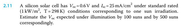 Solved 2.11 A silicon solar cell has Voc=0.6V and Isc= 25 | Chegg.com