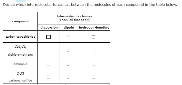 Decide which intermolecular forces act between the