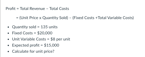 Solved Profit = Total Revenue - Total Costs = (Unit Price x | Chegg.com