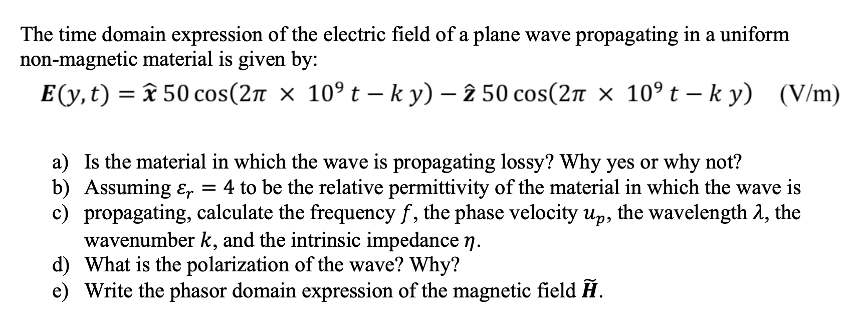 Solved The time domain expression of the electric field of a | Chegg.com