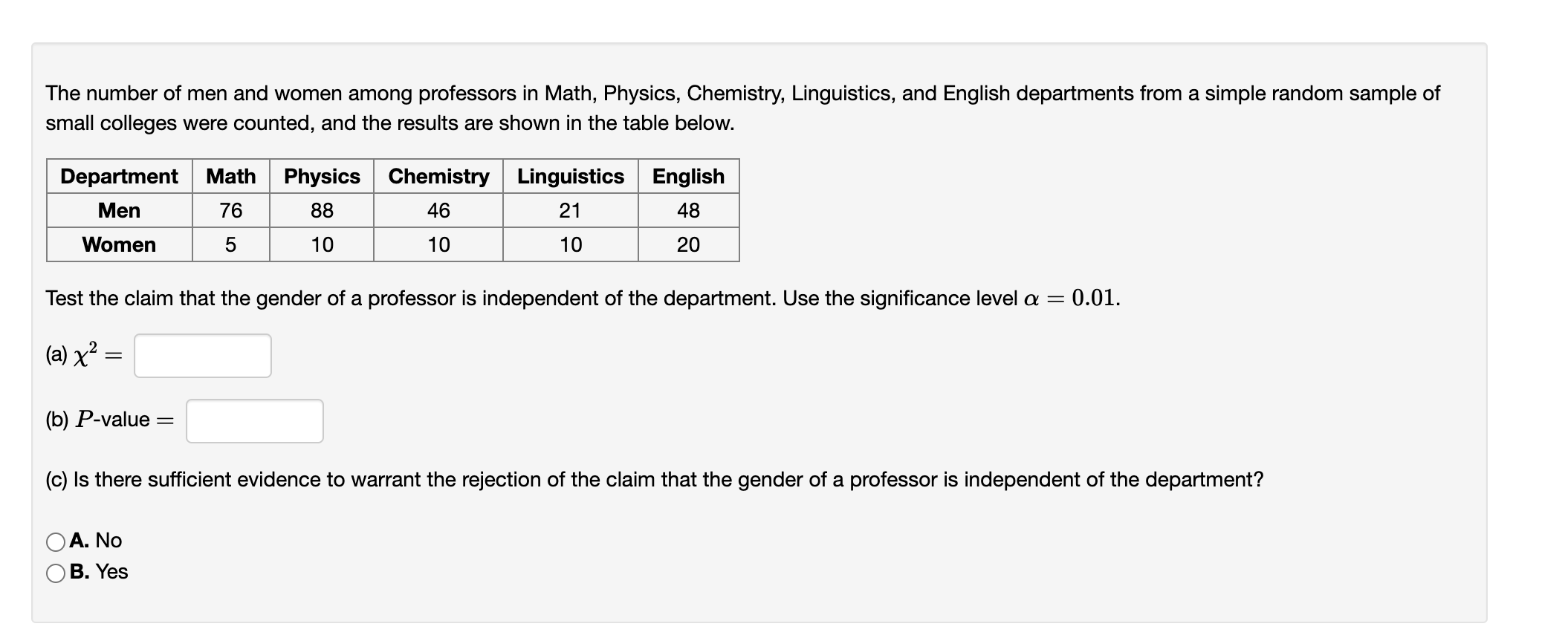 Solved The number of men and women among professors in Math, | Chegg.com