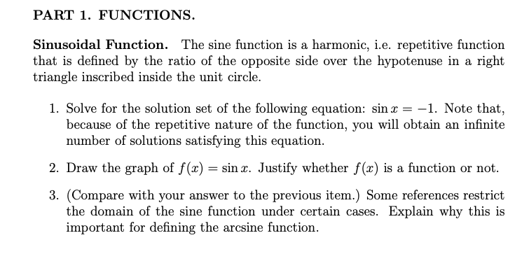 Solved PART 1. FUNCTIONS. Sinusoidal Function. The sine | Chegg.com