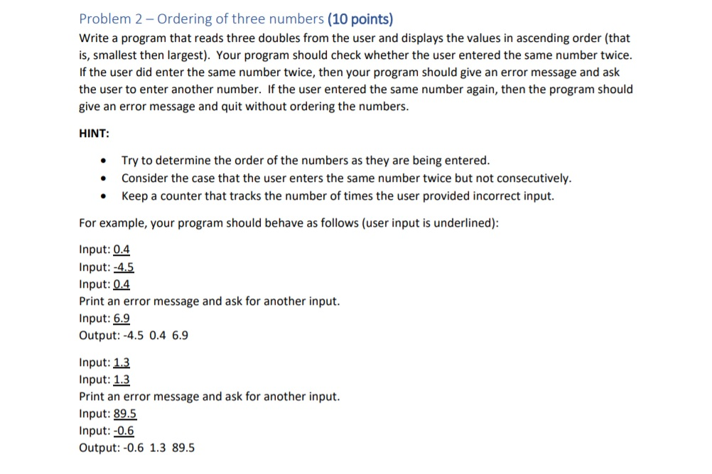 Solved Problem 2 - Ordering of three numbers (10 points) | Chegg.com