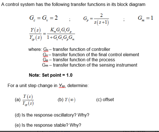Solved A control system has the following transfer functions | Chegg.com