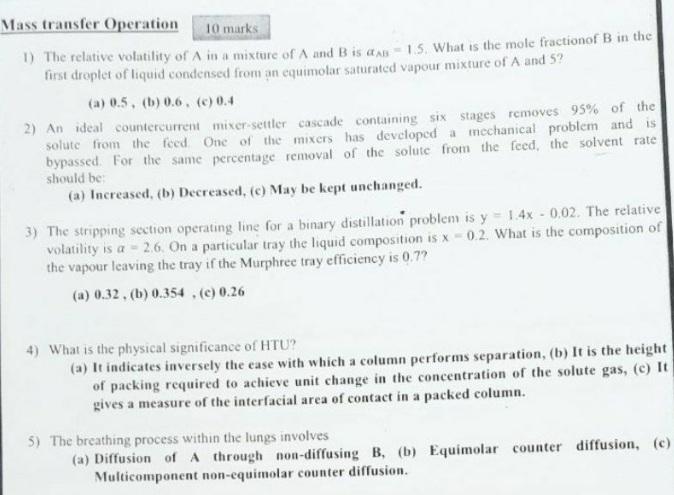 Solved Mass transfer Operation 10 marks 1) The relative | Chegg.com