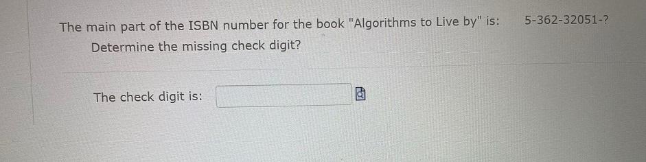 Solved The main part of the ISBN number for the book | Chegg.com