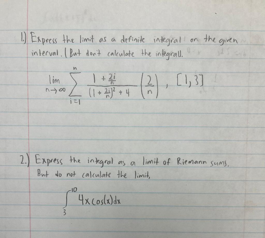 Express the limit as a definite integral on the given interval. (But dort calculate the integrall.
\[
\lim _{n \rightarrow \