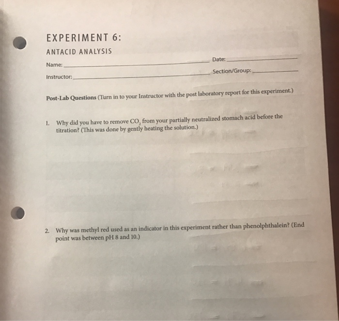 Solved EXPERIMENT 6 ANTACID ANALYSIS Name Instructor Date