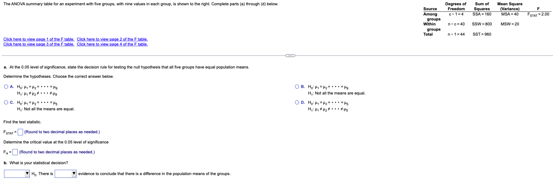Solved The ANOVA summary table for an experiment with five | Chegg.com