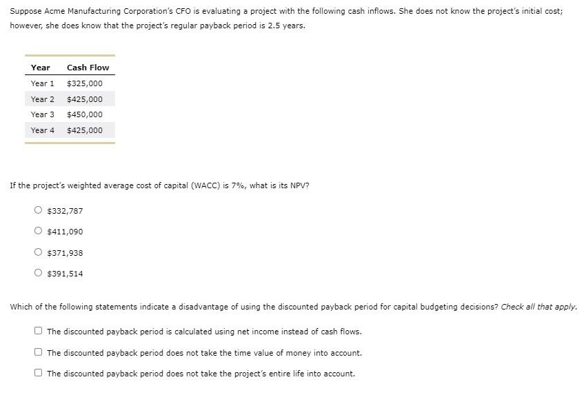 Solved Suppose Acme Manufacturing Corporation's CFO is