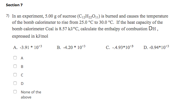 Solved Section 7 7) In an experiment, 5.00 g of sucrose | Chegg.com