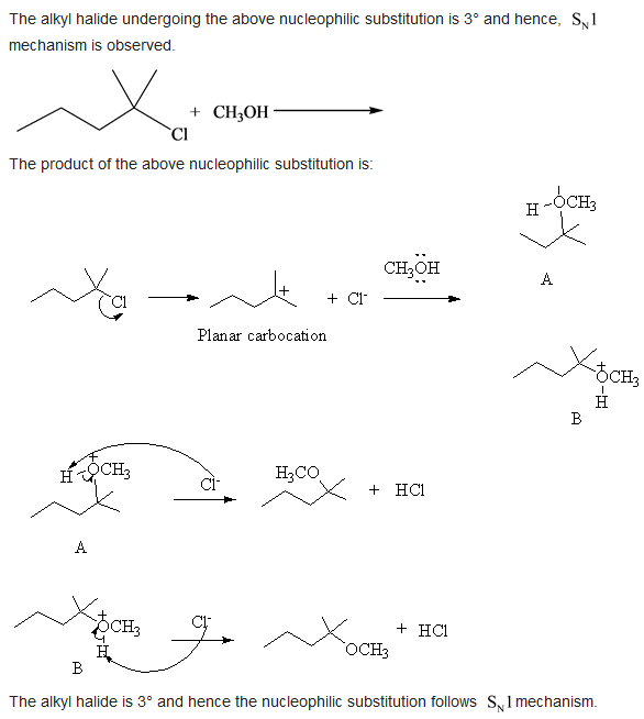 The alkyl halide undergoing the above nucleophilic substitution is \( 3^{\circ} \) and hence, \( \mathrm{S}_{\mathrm{N}} 1 \)