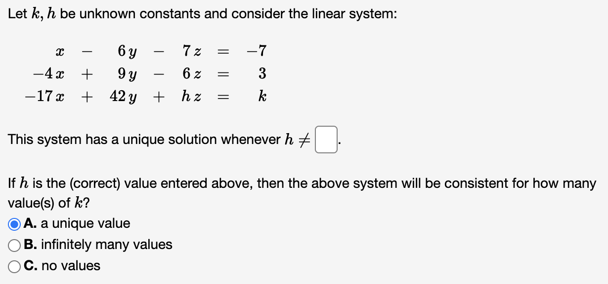 Solved Let k,h be unknown constants and consider the linear | Chegg.com