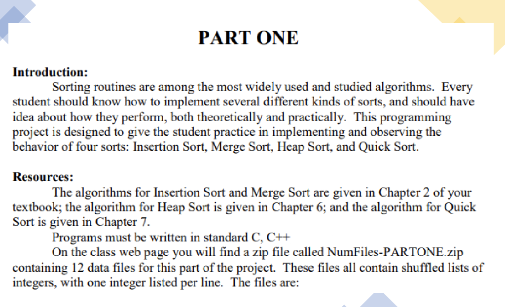 Solved PART ONE Introduction: Sorting routines are among the | Chegg.com