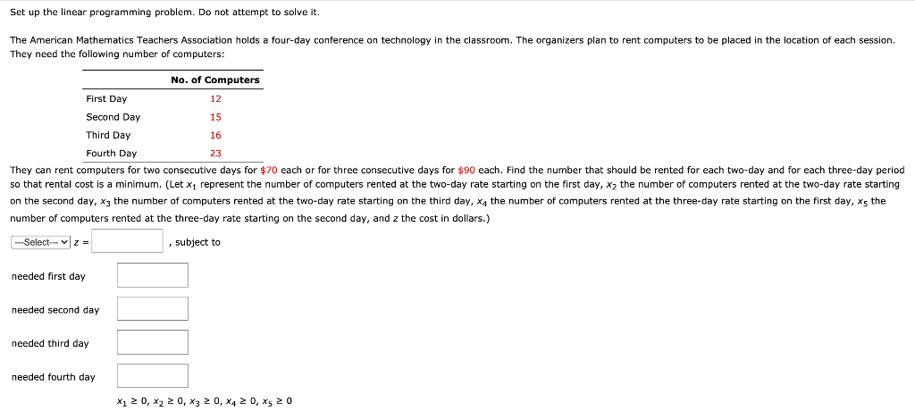 Solved Set up the linear programming problem. Do not attempt | Chegg.com