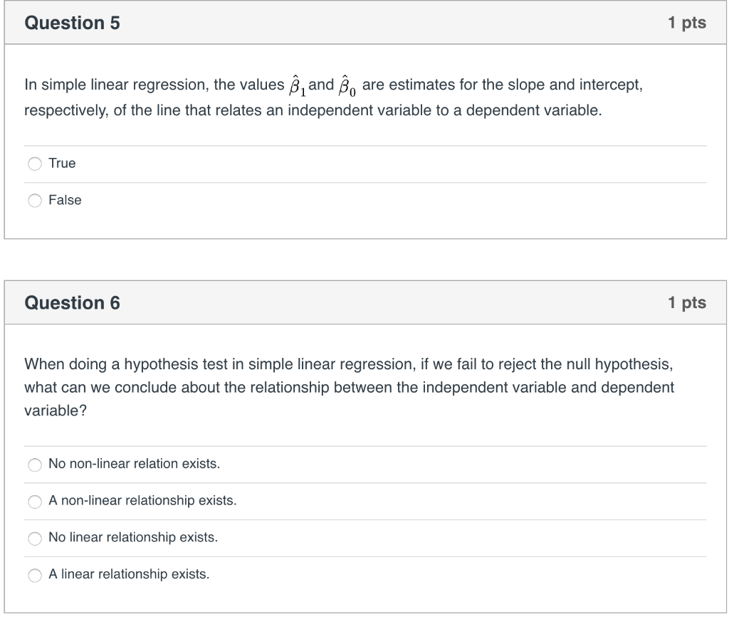 Solved Question 5 1 pts In simple linear regression, the | Chegg.com