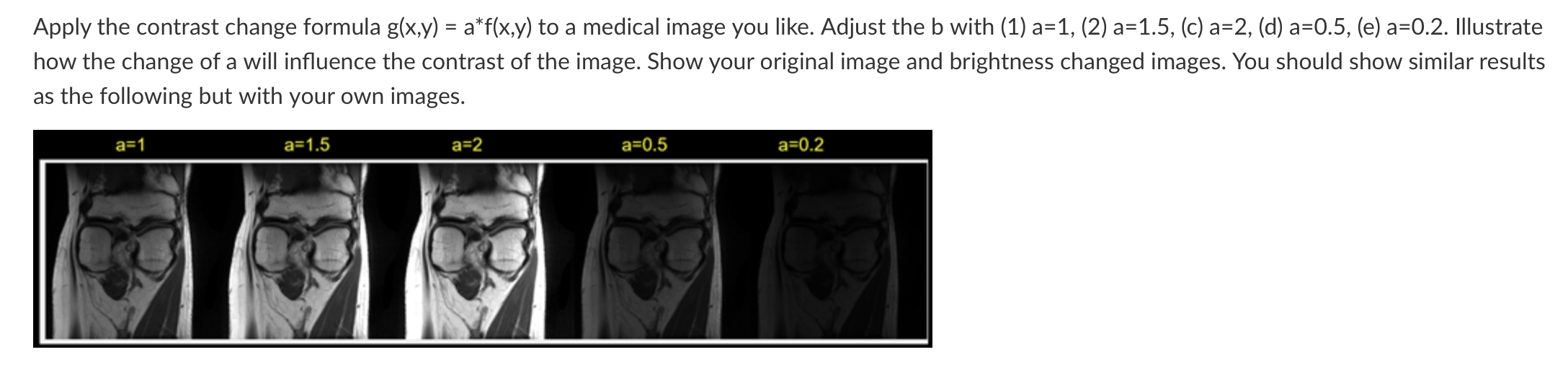 Solved Apply the contrast change formula g(x,y)=a∗f(x,y) to | Chegg.com