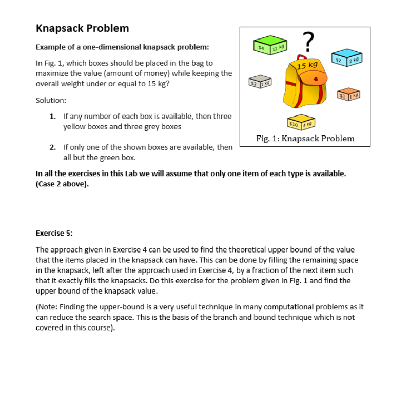 Solved Knapsack Problem Example of a one-dimensional | Chegg.com