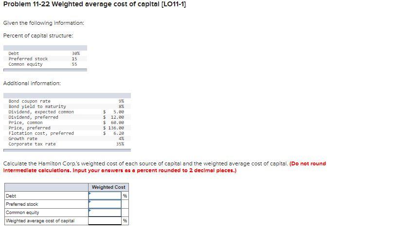 Solved Problem 1122 Welghted average cost of capital