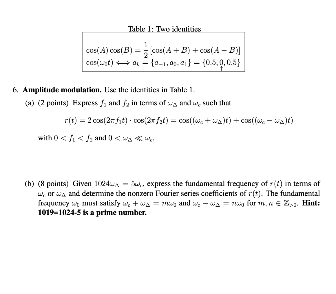 Solved Table 1: Two Identities Cos(A) Cos(B) = 5 (cos(A + B) | Chegg.com