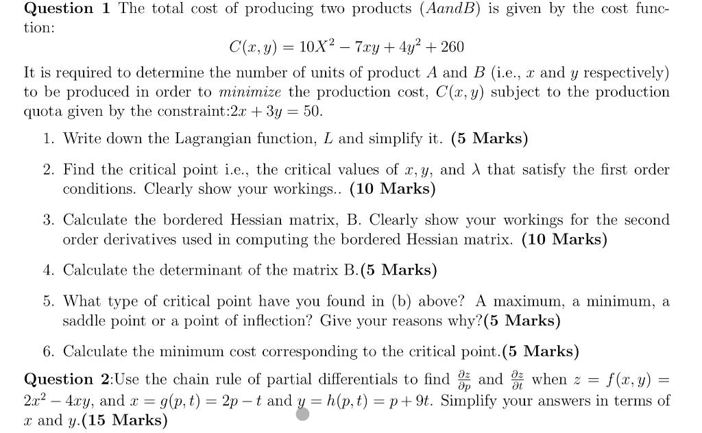 Solved Question 1 The total cost of producing two products | Chegg.com