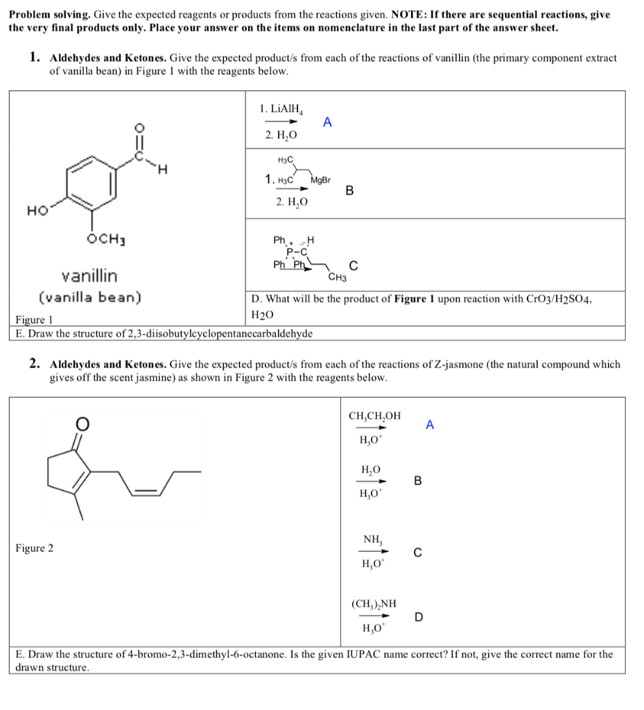 Problem solving. Give the expected reagents or products from the reactions given. NOTE: If there are sequential reactions, gi