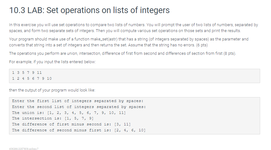 Solved 10.3 LAB: Set operations on lists of integers In this | Chegg.com