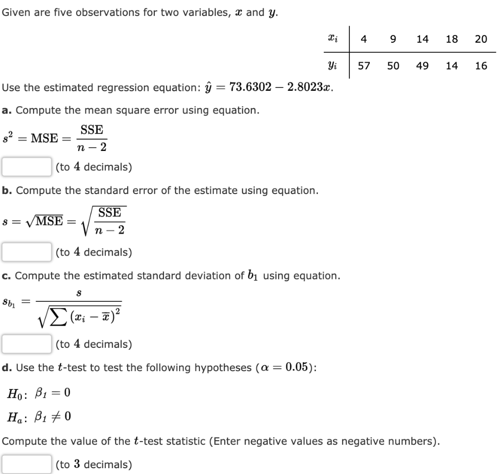 Solved Given Are Five Observations For Two Variables X A Chegg Com