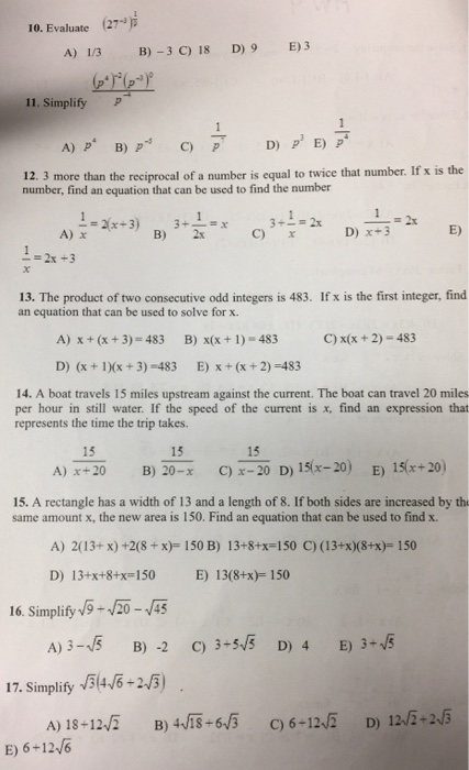 Solved Evaluate (27^-3)^1/3 A) 1/3 B) -3 C) 18 D) 9 E) | Chegg.com